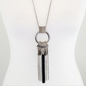 Art Deco Style Necklace Long Silver Tone Chain w/ Teal Accent Tassel Boho Chic